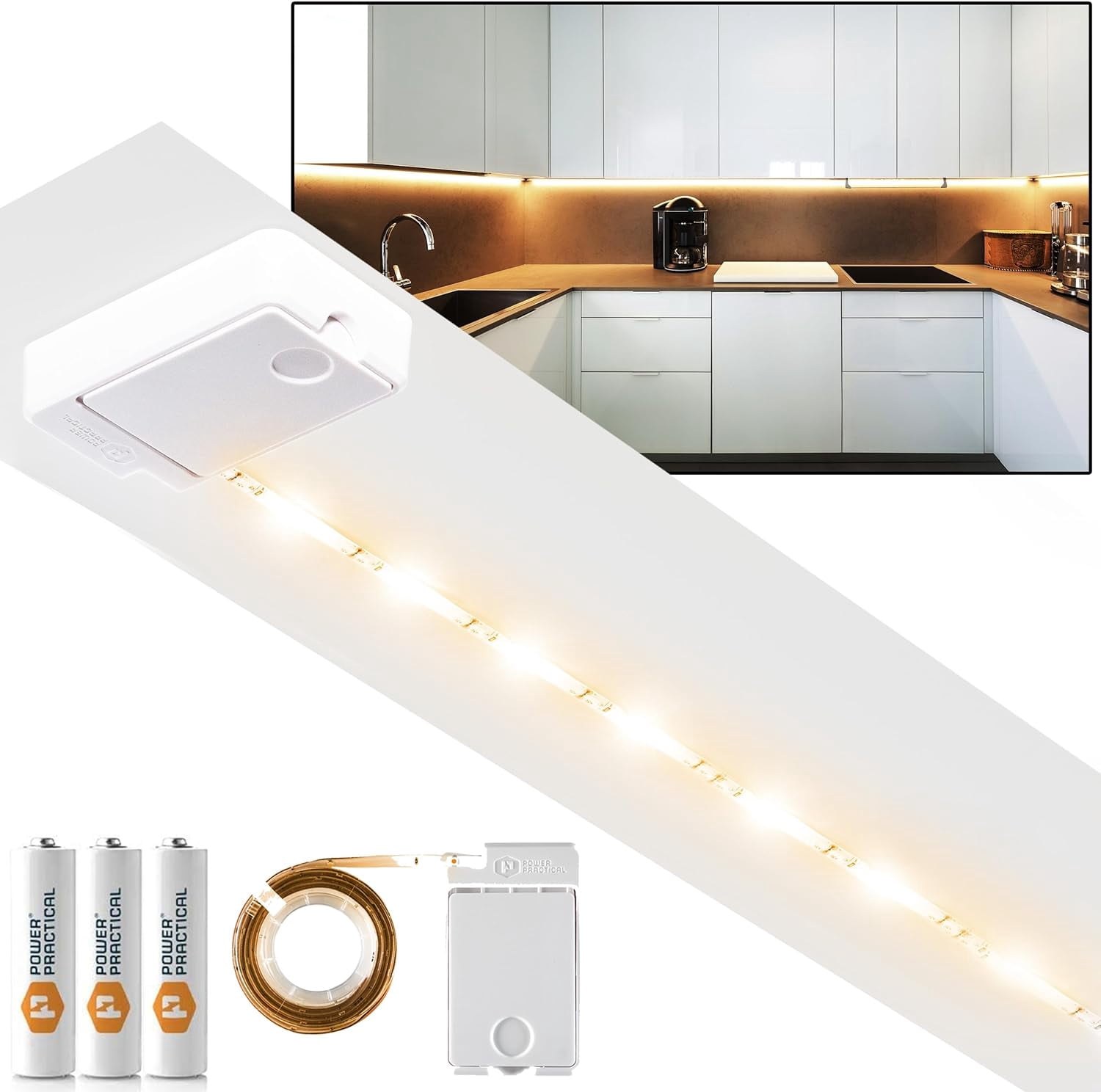 RGHJAR-POWER PRACTICAL Luminoodle Under Cabinet Lighting - Click LED Light Strip for Shelves, Kitchen Cabinets, & Furniture, 1-Pack Includes Power Button & Tape Adhesive - Warm White (2700K)