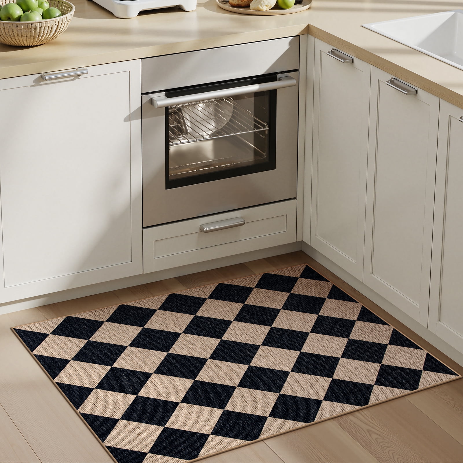 SUNDEREY 2'x3' Easy Jute Area Rug, Washable Small Front Door Mat Rug for Entryway Non Slip, Modern Geometric Kitchen Mats for Floor, Checkered Indoor Carpet for Living Room Bathroom RV,Black