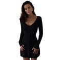 thumbnail image 1 of Women Deep V Neck Button Front Knit Mini Dress Elegant Long Sleeve Ribbed Flowy Hem A-Line Short Dresses, 1 of 9