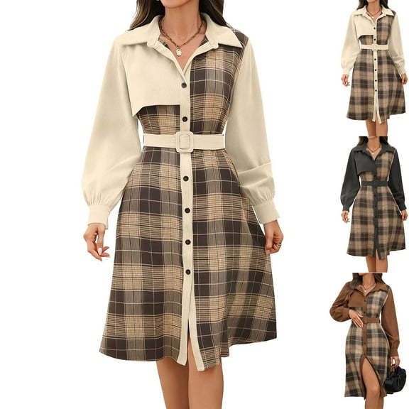 Kinrui Women's Corduroy Midi Dress Long Sleeve Button Down Belted Flowy Shirt Dress Plaid Color Block Long Overall Dresses Brown,XL