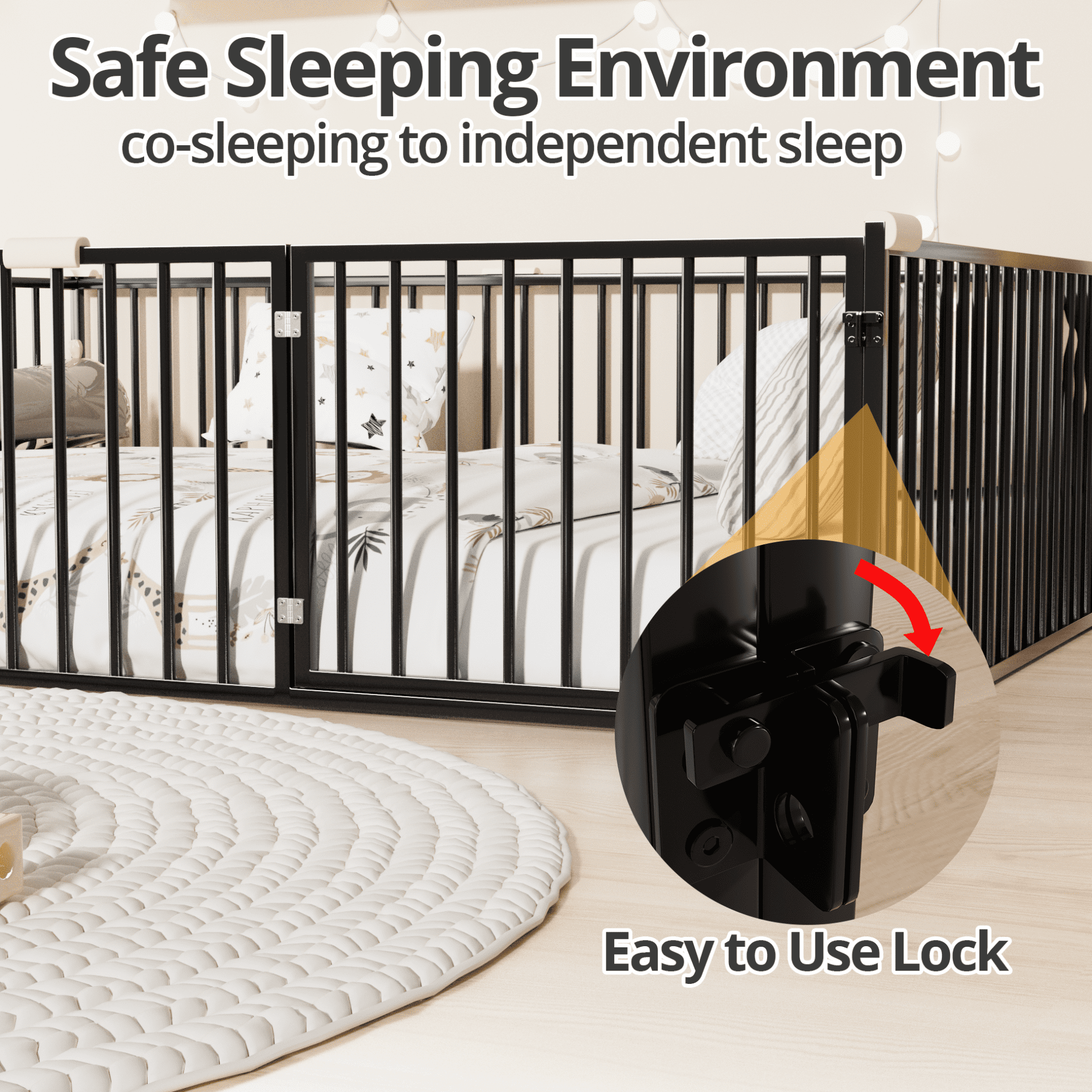 Montessori Floor Bed with 20.6" High Safety Fence & Anti-Collision Cotton Edges, Durable Metal Frame with Slats for Toddlers, Child-Safe Sleeping & Play Space, Available in Black & Custom Sizes