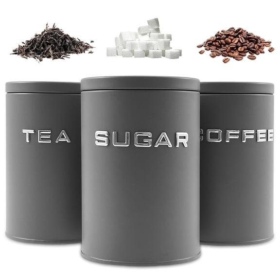 3 Pack Kitchen Canister Set for Coffee Sugar Tea Grey Airtight Metal Food Storage Containers for Countertop, Rustic Farmhouse Decor