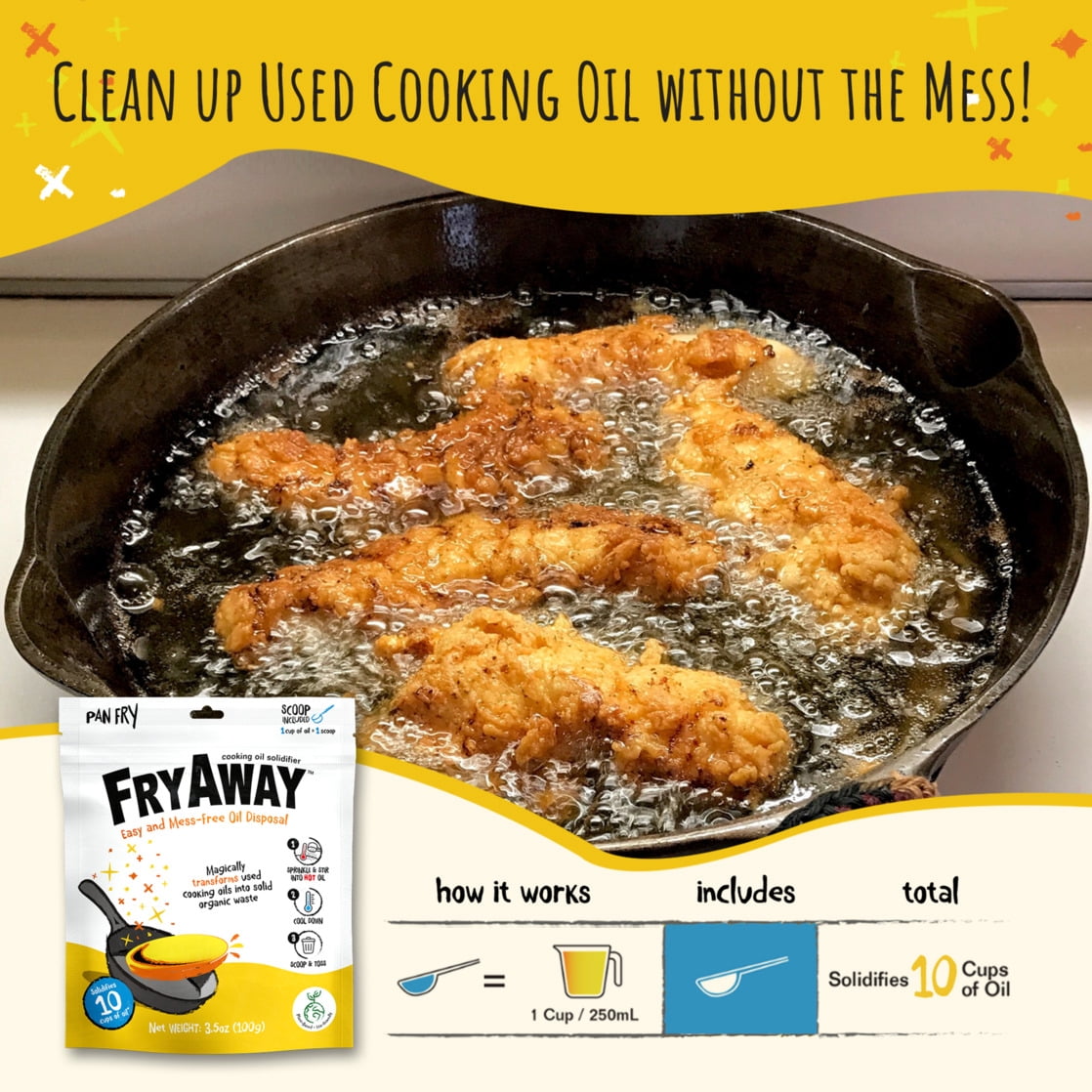 (8 pack) FryAway® Cooking Oil & Grease Solidifier, 10 Cups, Powder, 3.5 oz Pouch