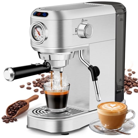 SUDILO 20 Bar Espresso Machine, Stainless Steel Coffee Maker with Steam Frother, 34oz Removable Water Tank, Compact for Home Office, Silver