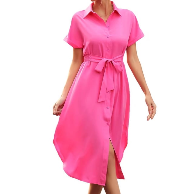 Womens Short Sleeved Solid Color Roll Sleeved Short Sleeved Loose Lapel Shirt Dress