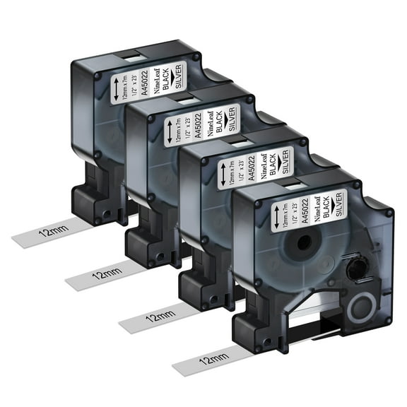 NineLeaf 4PK Compatible for DYMO D1 45022 1/2" x 23' (12mm x 7m) Black on Silver Label Maker Tape for Label Manager 100 120P 160 210D