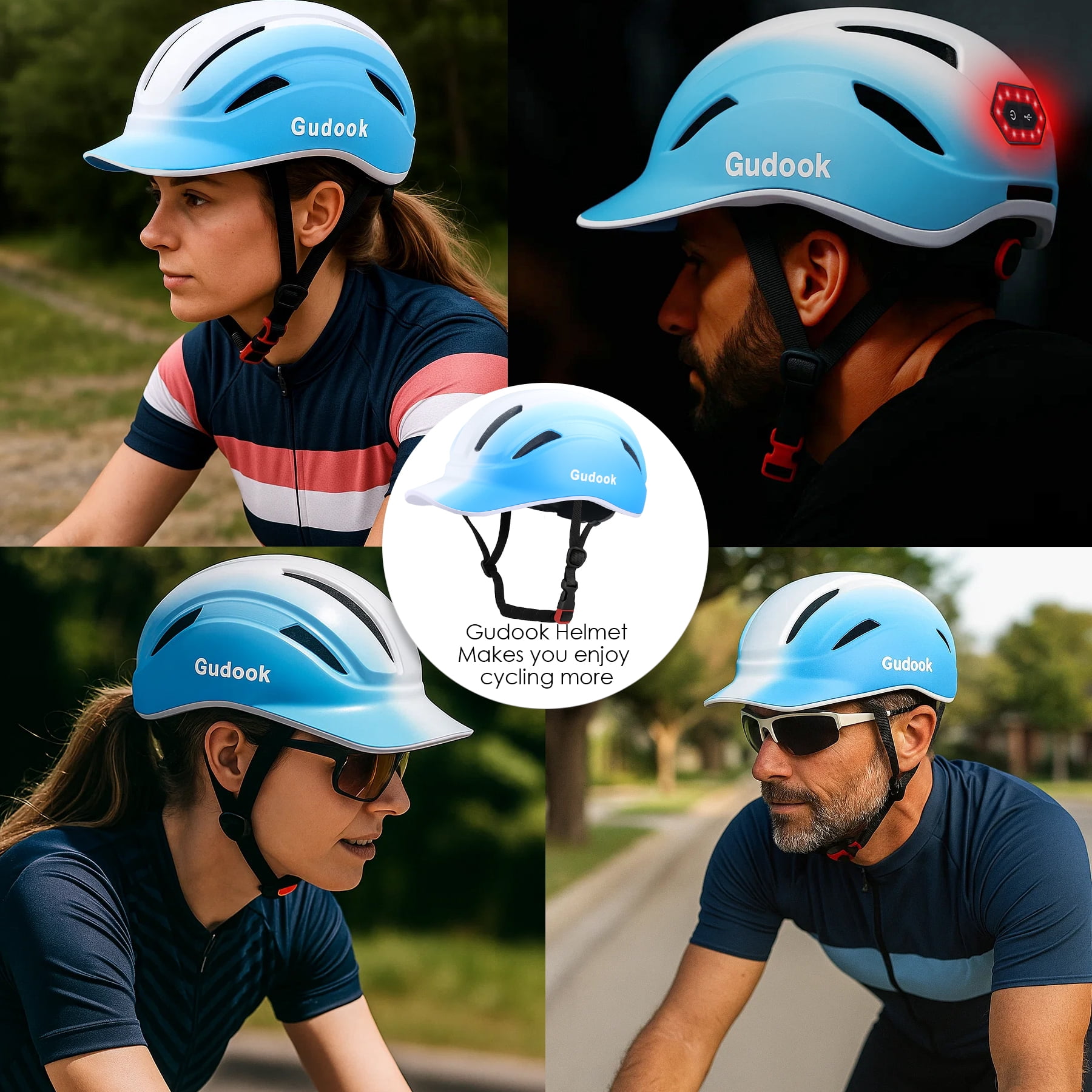 Gudook Adult Bike Helmet for Men - Women Bicycle Helmet with LED Rear Light - Certified Comfort Adjustable Baseball Cap Style Cycling Helmets for Urban Commuter Road Biking Scooter