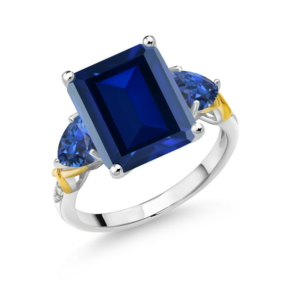 Gem Stone King 925 Silver and 10K Yellow Gold Blue Simulated Sapphire Blue Created Sapphire and Diamond 3 Stone Ring for Women (7.80 Cttw, Gemstone Birthstone, Emerald Cut 12X10MM, Size 8)
