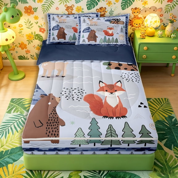 Castle Fairy Cute Camo Woodland Animal Zipper Twin Comforter Sets with Fitted Sheet and 2 Pillowcases,Fox Bear Deer Puppy Pine Zipper Bedding Set,Sky Blue Cream,Navy Blue Reversible,4-Piece