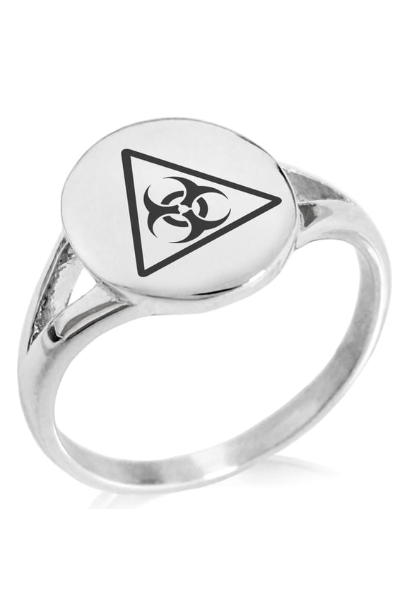 Stainless Steel Biohazard Triangle Minimalist Oval Top Polished Statement Signet Ring