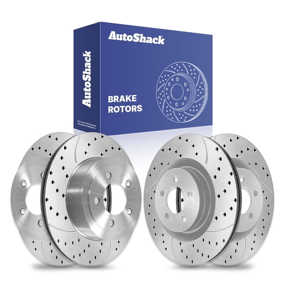 AutoShack Front Vented & Rear Vented Drilled & Slotted Silver Zinc Coated Brake Rotors 4-PC Set Replacement for 2021-2023 Dodge Charger 2021-2023 Dodge Challenger SilverShield Pro