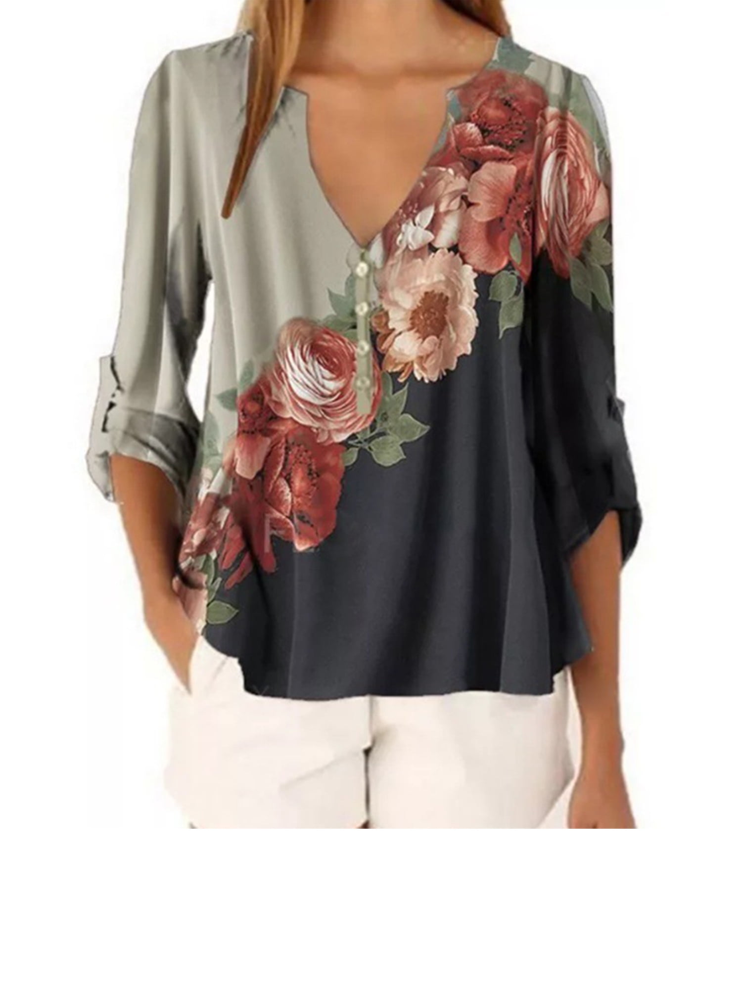 Summer Floral Blouse Gypsy Baggy Women Nine Points Sleeve V-neck Shirt Dress