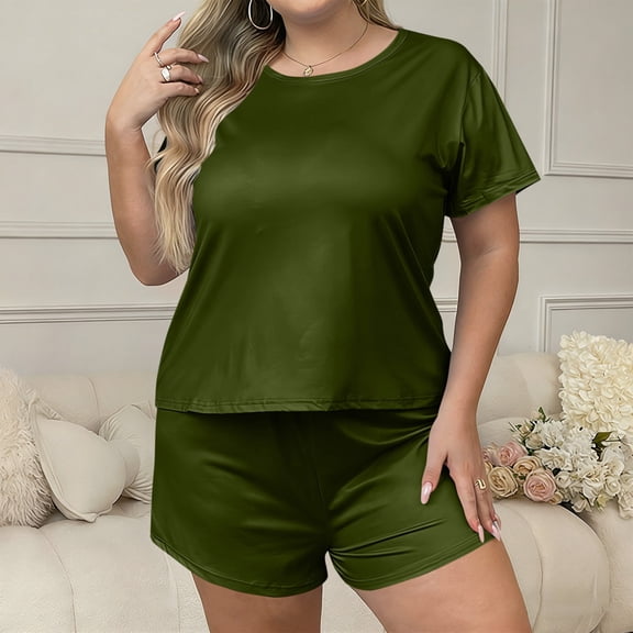 Aobny Cooling Pajamas Women for Curvy Plus Size Pajamas Plain with Shorts Crew Neck Short Sleeve Loungewear Sets,Green,XXL