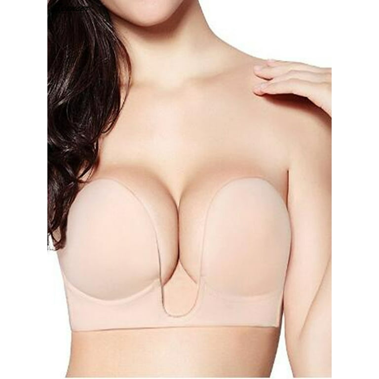 Spencer Womens Push Up Plunge Sticky Adhesive Bra Reusable Deep U-Shaped  Strapless Backless Breast Lifting Bra (Beige,D Cup)