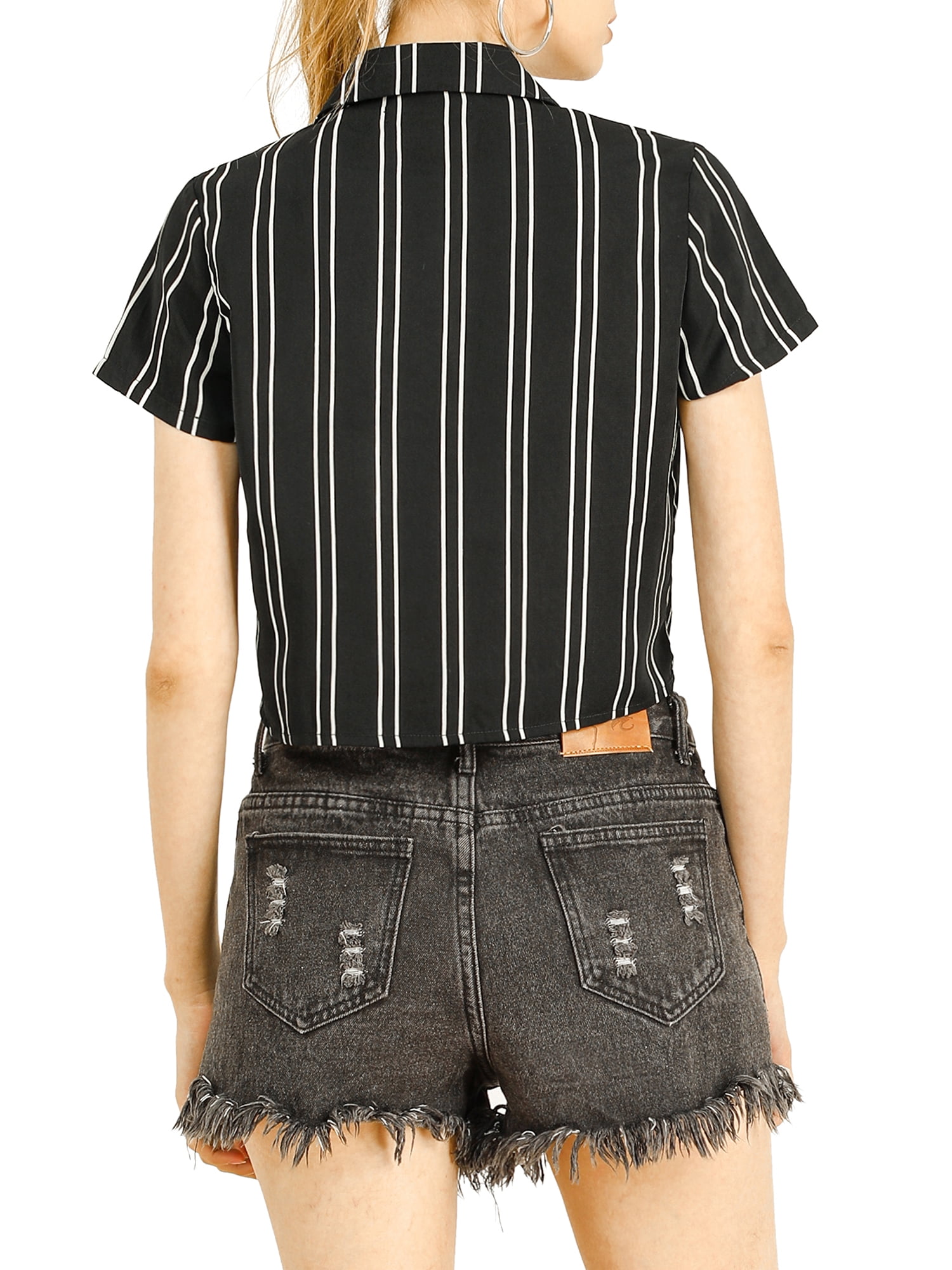 DARING DIVA Women's Striped Button Up Short Sleeve Tie Front Crop Shirt S Black