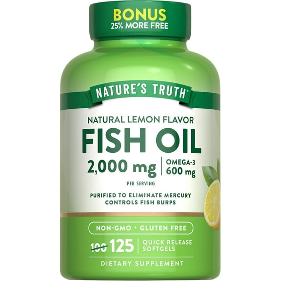 Omega 3 Fish Oil 2000 mg | 125 Liquid Softgels | Burpless, Lemon Flavor Pills | Non-GMO, Gluten Free Supplement | By Nature's Truth