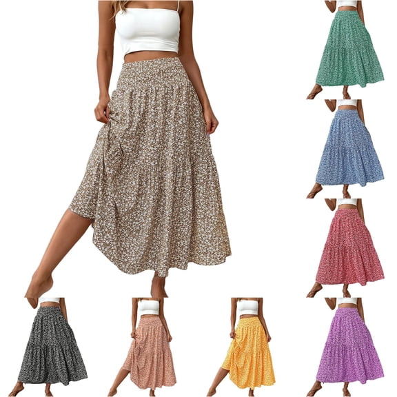 Jane Wardrobe Elastic High Waist Tiny Ditsy Floral Three Tier Four Way Stretch Maxi Skirt Women Casual Flow Long Skirt 1PC S-XL Plus Size Friendly