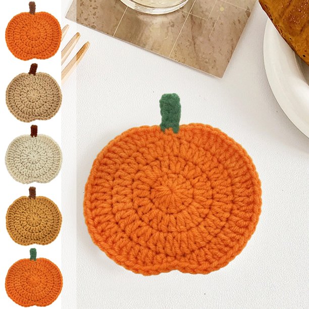 Posavasos de Calabaza Tejido a Mano a Crochet | Decoración Otoñal para Acción de Gracias y Halloween | 9 Cm de Diámetro | Material: Poliéster | 1 Unidad