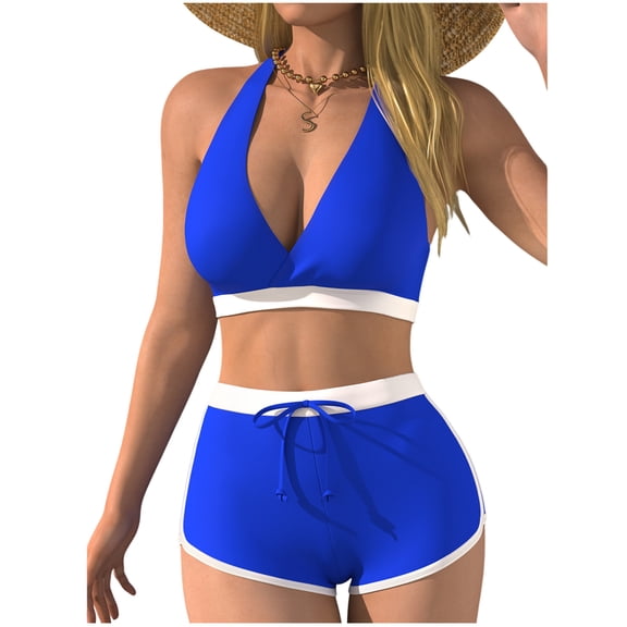 XuJwPNcy Bikini Sets for Women 2 Piece Bathing Suit with Shorts Summer High Waisted Halter V Neck Swimsuit Beach Vacation Outfit