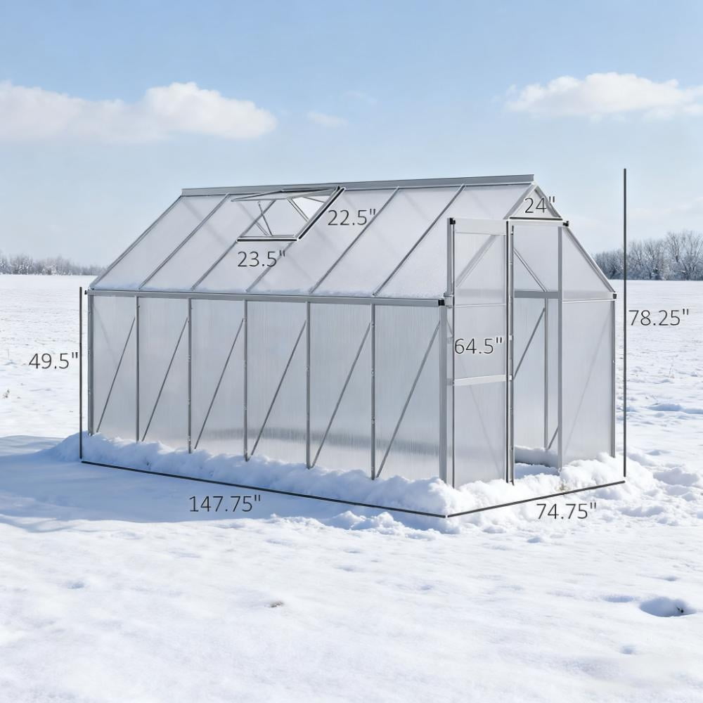 6x12 FT Greenhouse, Easy Assembly Polycarbonate Greenhouses with Adjustable Roof Vent, Large Aluminum Walk-in Greenhouse with Sliding Door, Silver