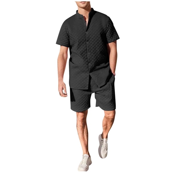 ZQUUVOU Men's 2 Piece Sport Set Short Sleeve Stand Collar Top and Drawstring Waist Shorts Casual Workout Outfit Black