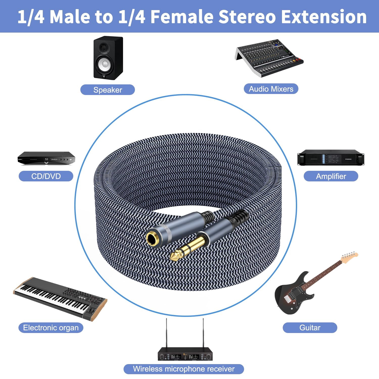 JJEAN-1/4 inch Extension Cable 15ft, 1/4" inch Male to Female Stereo Guitar Extension Cable