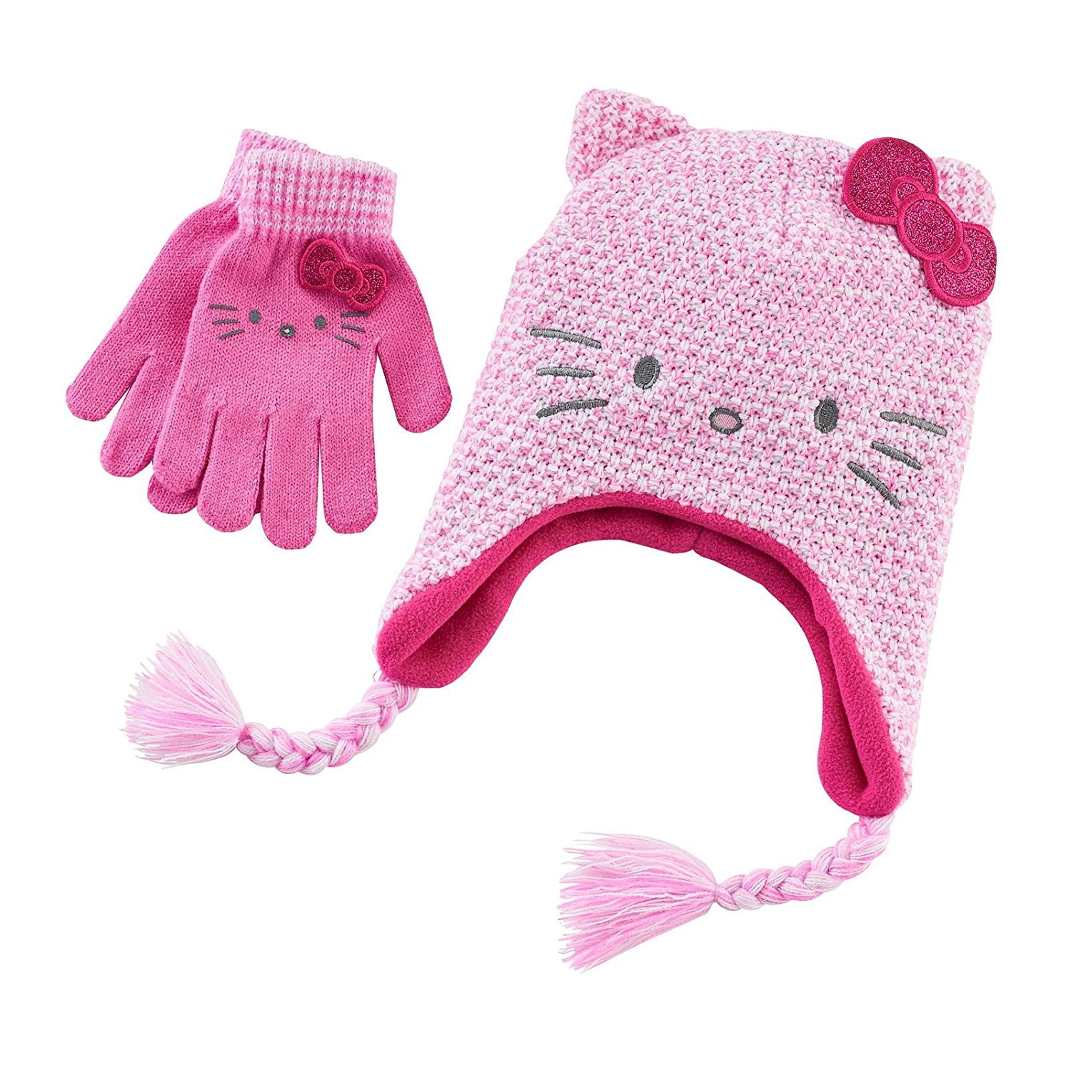 Hello Kitty Girls Marled Earflap Bow Hat Gloves Set Pink One Size