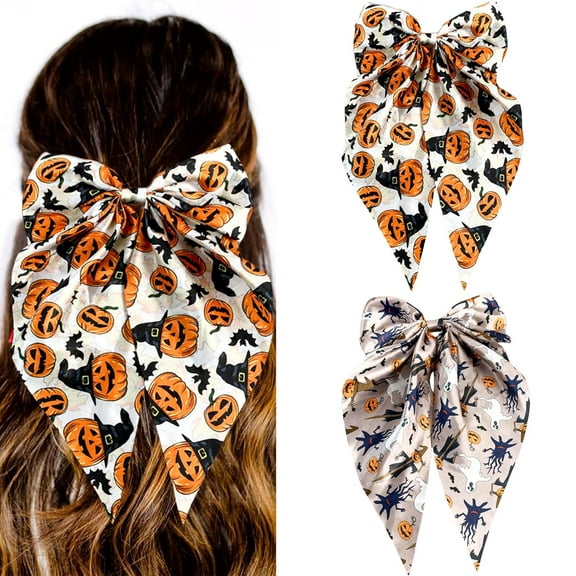Hair Bows for Women Girls, Halloween Silky Satin Hair Bow Clip with Long Tail, Pumpkin Hair Ribbon Big Bow Clips, Ghost Hair Barrettes Halloween Hair Accessories Pack of 2