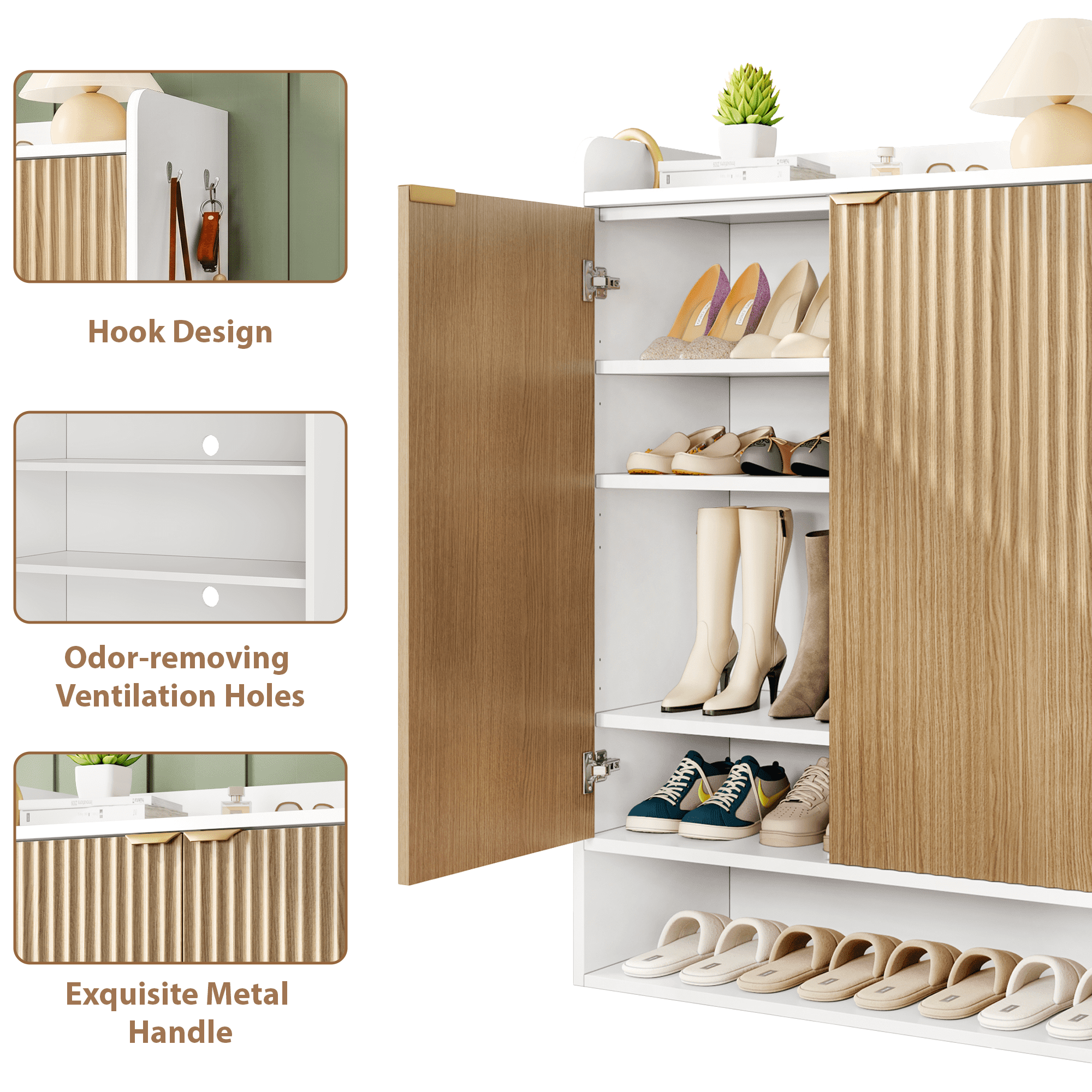 5 Tiers Kitchen Pantry Cabinet with Adjustable Shelves, Freestanding Wood Cabinet with 2 Doors, White