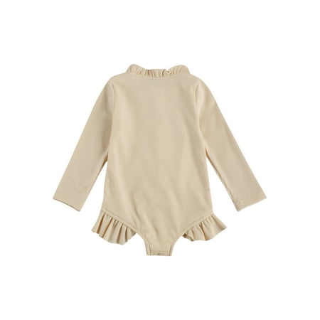 

TOPGOD Baby Girls Ruffled Long Sleeve One-Piece Swimsuit Ribbed Solid Color Ruffle Zipper Rash Guard Swimwear Bathing Suit 1-5Y