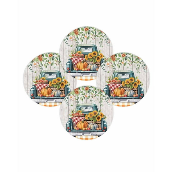 Fall Round Placemats Set of 4 Sunflower Pumpkin Truck Place Mats Thanksgiving Woven Placemat Flower Green Leaves Wood Plaid Circle Braided Table Mat for Kitchen Dining Table Party Home Decor 15 Inch