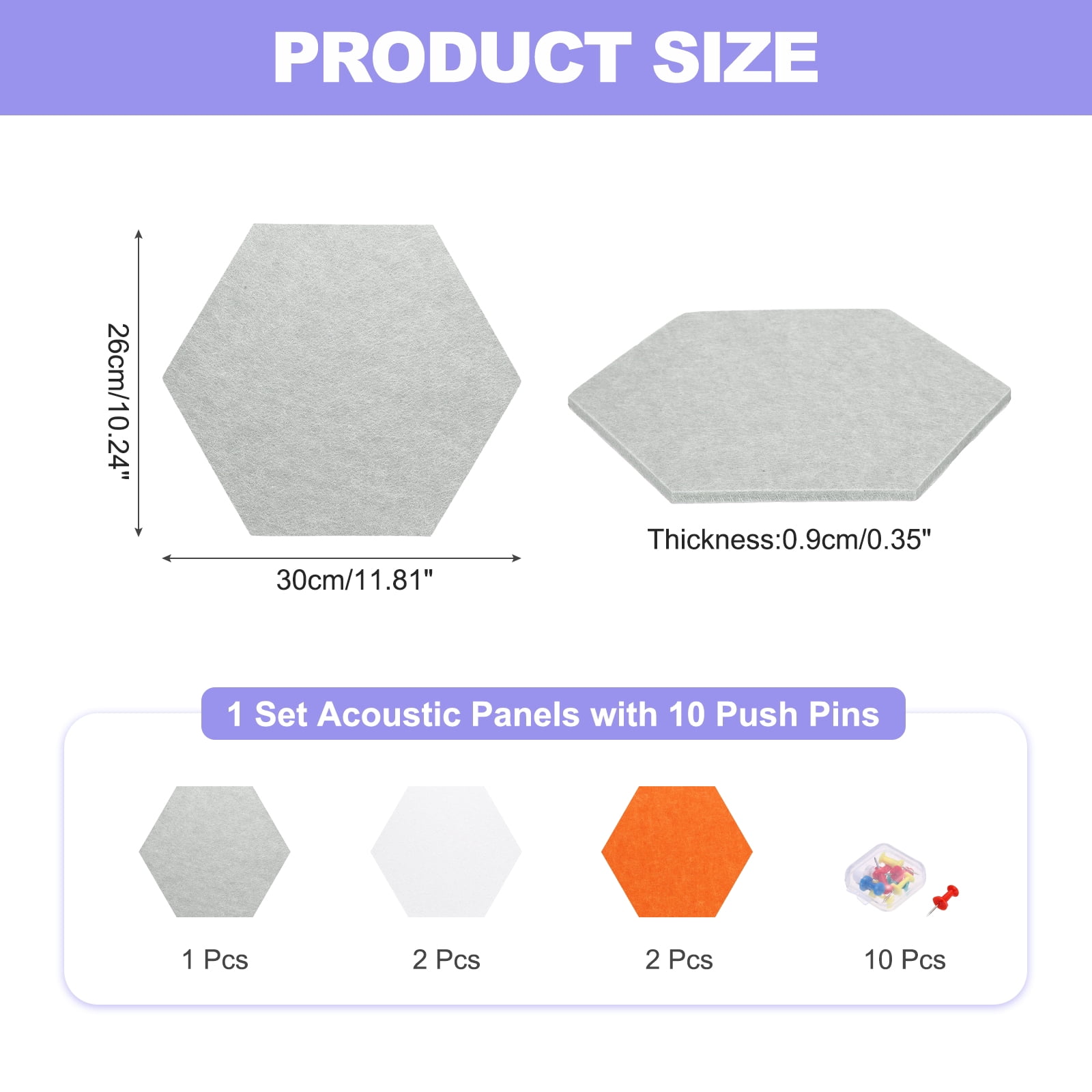 Uxcell 5 Pcs B1 Hexagon Acoustic Panels with Push Pins 11.81'' x 10.24'' Orange-Red White Bright Gray