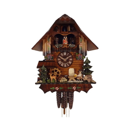 Cuckoo Clock Black Forest house with moving beer drinker, Deer
