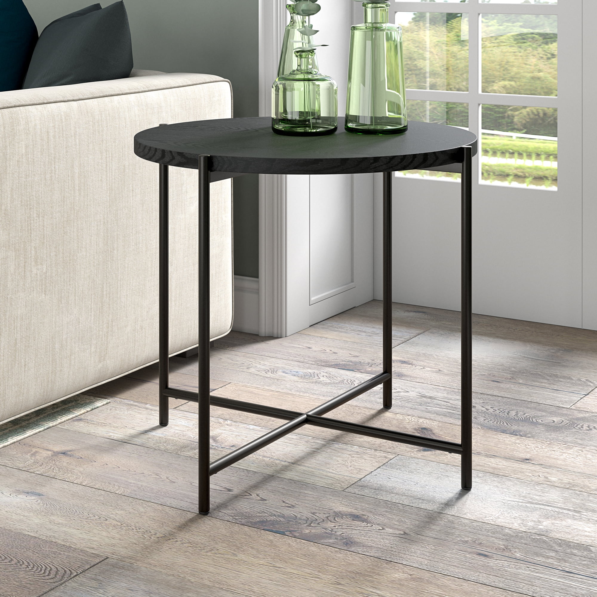 Evelyn&Zoe Loretta 23.63" Wide Round Side Table with MDF Top, Blackened Bronze/Black Grain
