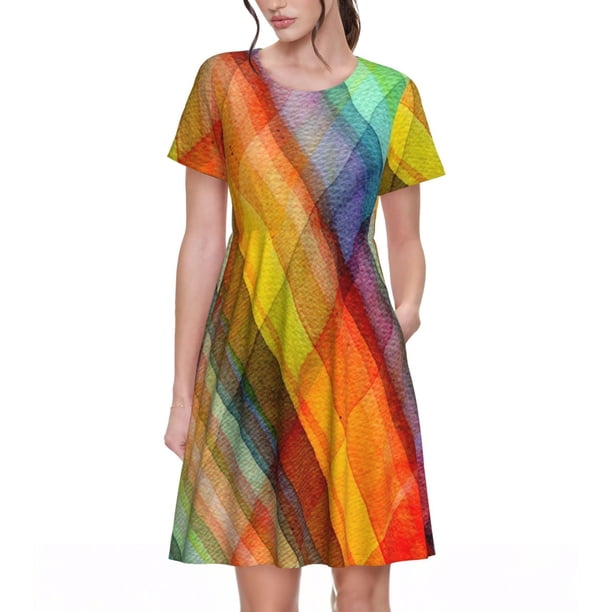 Balery Abstract Watercolors Tartan Vestidos sueltos de manga corta para mujer, vestidos de verano 2025, vestidos casuales de corte A con vuelo.