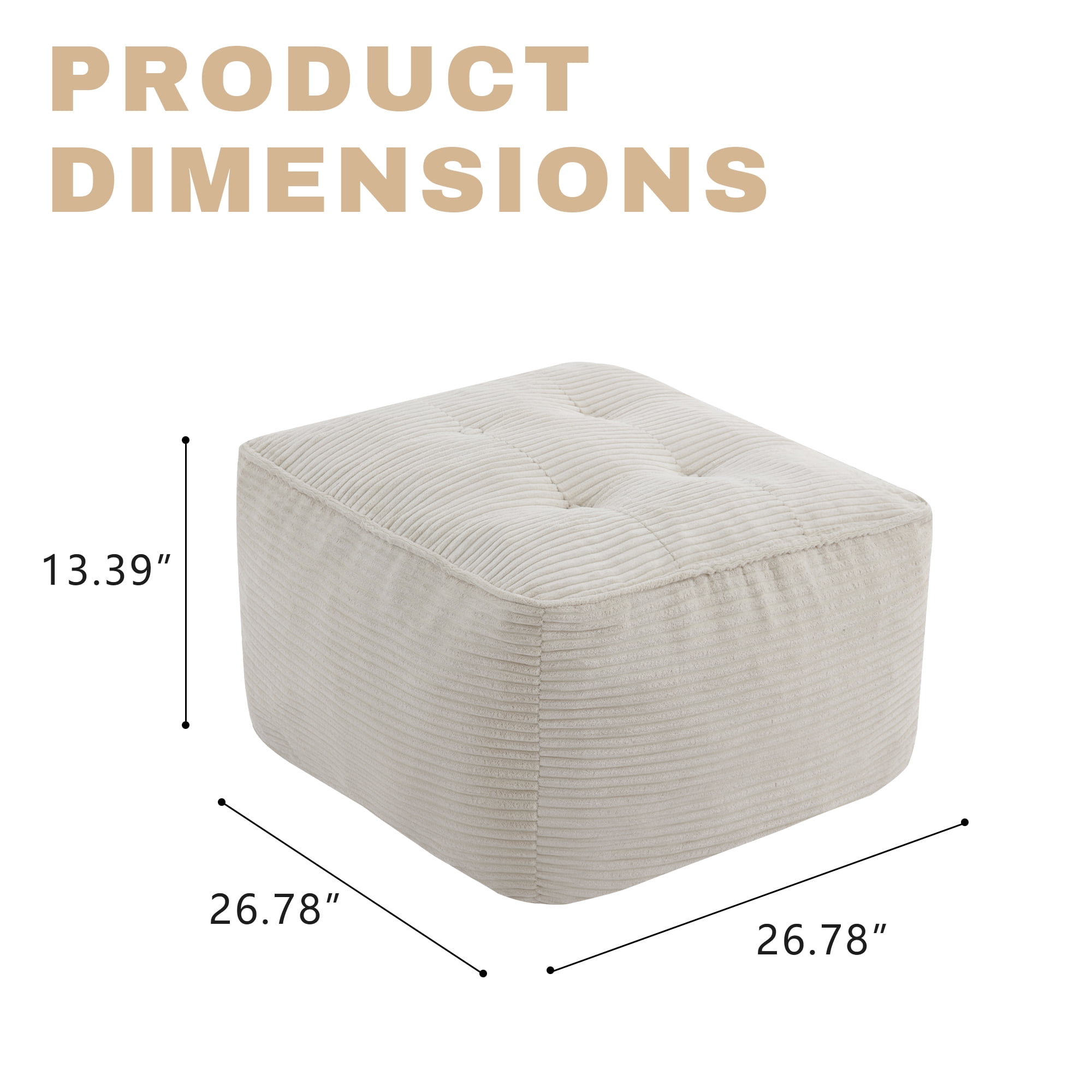 Square Pouf Ottoman Foot Rest, Soft Corduroy Pouf Foot Stool Cushion with Foam Chunk Filling, 26 x 26 x 13 Inch Floor Chair for Living Room, Bedroom & Home Decor,Beige