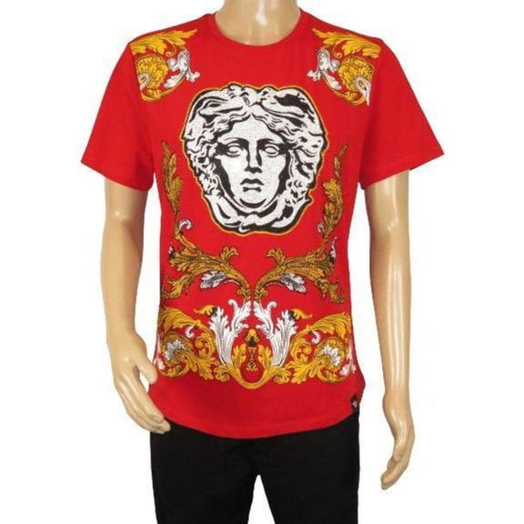 Men LAVERITA European Fashion Shirt Short Sleeves Medusa Floral Design 93361 Red