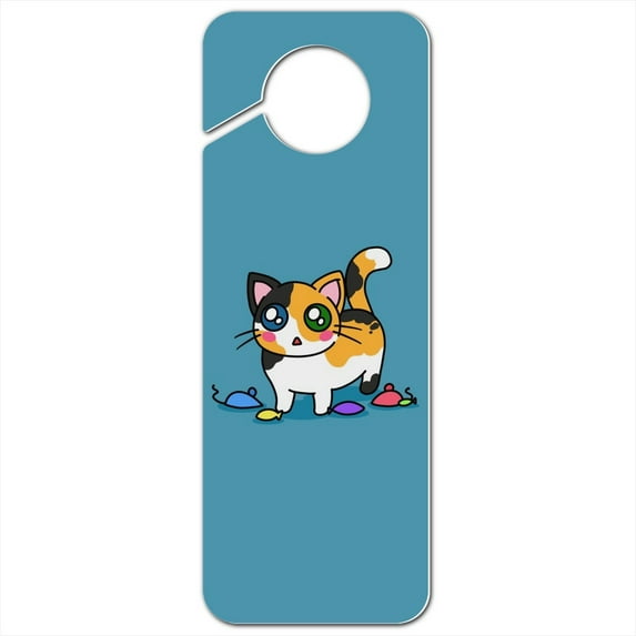 Calico Kitten with Cat Toys Plastic Door Knob Hanger Sign
