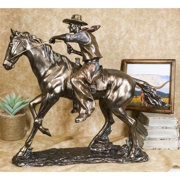 Large 21"Long Cowboy With Pistol On Horse Figurine Faux Bronze Resin Statue
