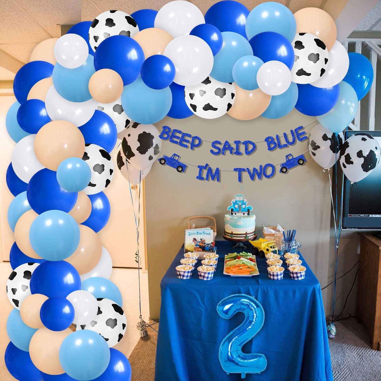 Little Blue Truck 2nd Birthday Party Decoration, Little Blue Truck Birthday Party Supplies with Beep Said Blue I'm Two Glitter Banner and Blue White Latex Balloon Arch for Boy Girl 2nd Birthday Party