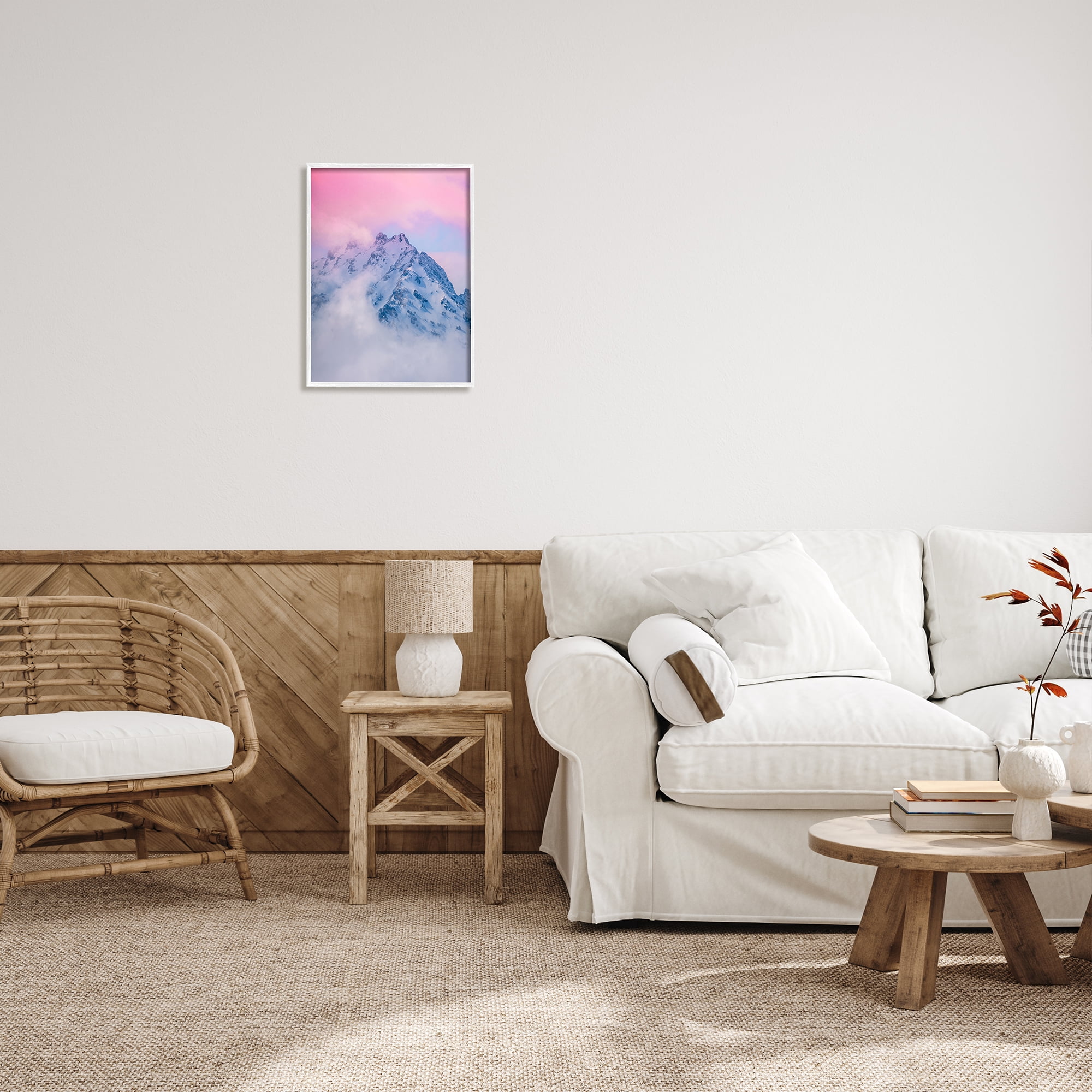Stupell Industries Foggy Mountain Pink Sky Landscape Photography White Framed Art Print Wall Art, 16 x 20