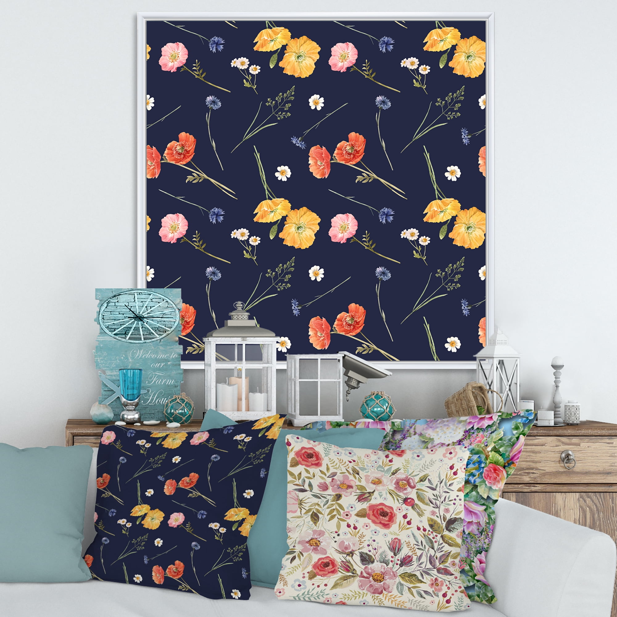 Designart 'Yellow and Orange Wild Flowers On Dark Blue' Traditional Framed Canvas Wall Art Print