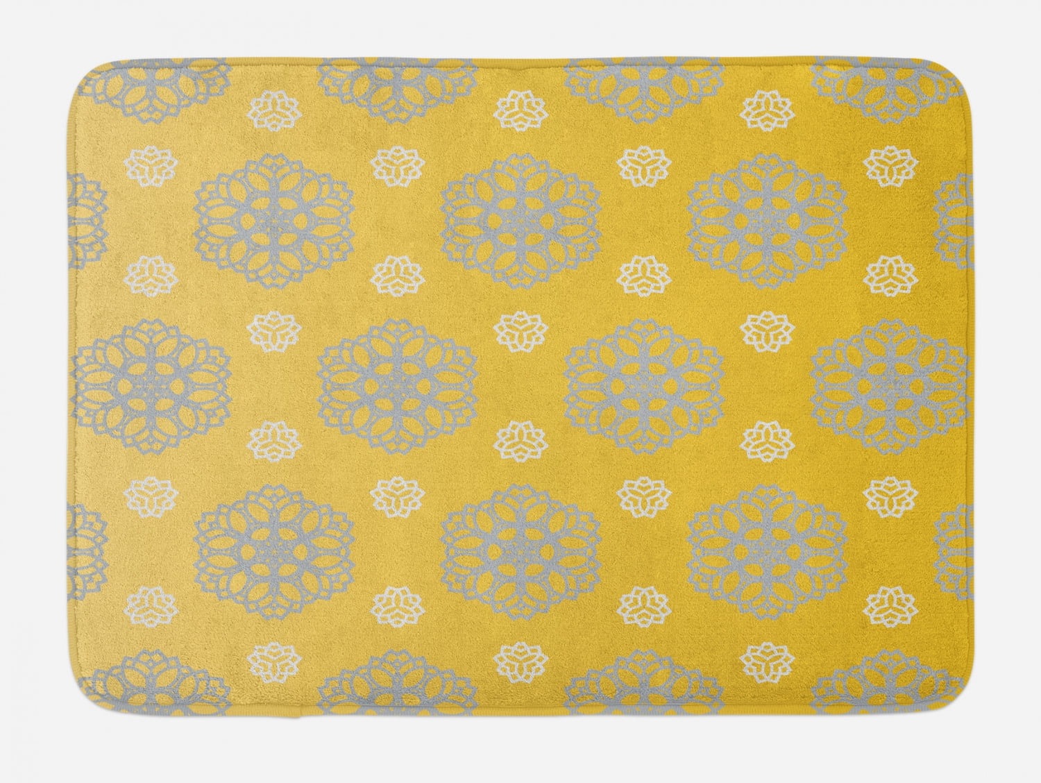 Grey and Yellow Bath Mat, Retro Vintage Bohemic Image of Flowers Swilrs Art Print, NonSlip