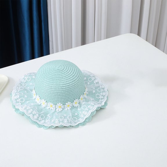 BRGZLK Girls Lace Straw Hat Cute Floral Summer 2026 Outdoor Beach Wide Brim Floppy Woven Sun Protection Elegant Hats Light Blue 4-10T