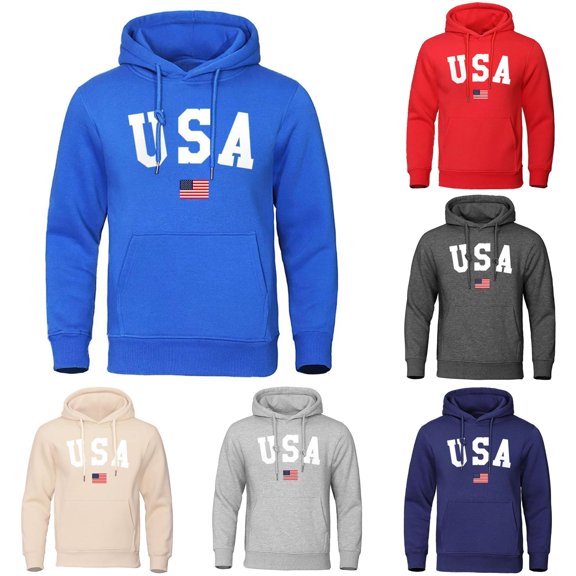 Wxolcjlv Mens USA Flag Graphic Hoodie Long Sleeve Drawstring Pocket Daily Casual Hooded Sweatshirts