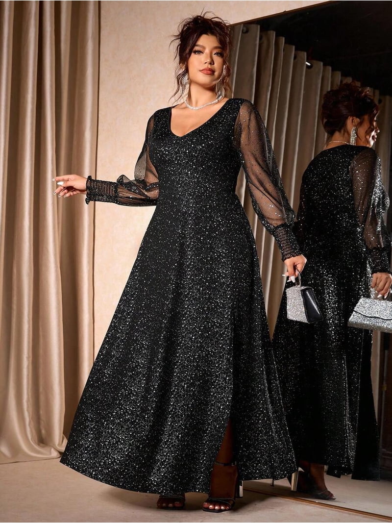 black glitter mesh dress Plus Size Elegant Patchwork V-Neck Long Sleeve Maxi With Slit For Party Evening Wear for a look that _alt_double-breasted-satin-suit-jacket Going to a wedding Size:50R