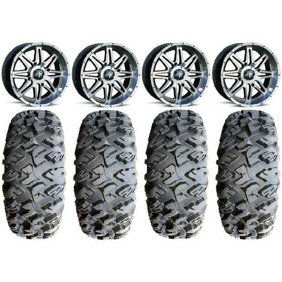 MSA Dark Tint Vibe 14" UTV Wheels 28" MotoClaw Tires Can-Am Maverick X3 / Honda Pioneer 1000 / Talon
