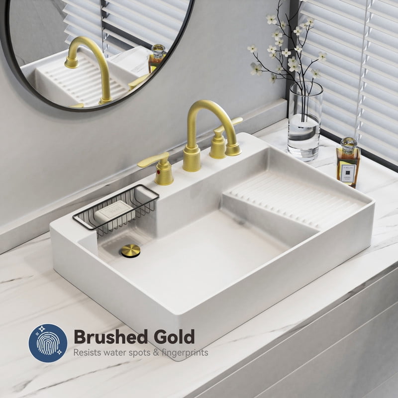 AUKTOPT Bathroom Faucet 3 Hole, 10 Inch Widespread Bathroom Faucet with Metal Pop-up Drain Assembly, Two Handle Vanity Faucet, Brushed Gold