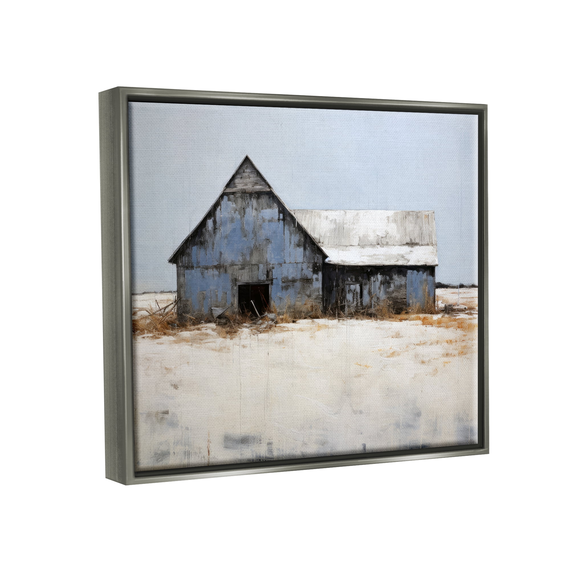 Stupell Industries Winter Country Barn Landscape Painting Gray Floater Framed Canvas Art Print Wall Art, 31 x 25