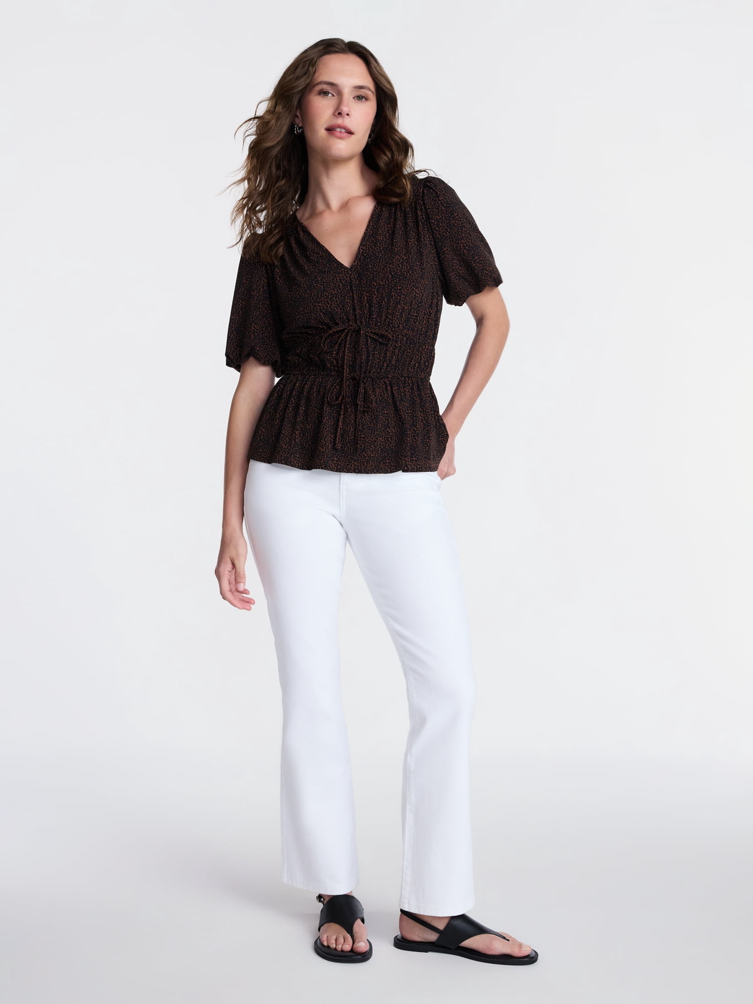 Time and Tru Women's and Women's Plus V Neck Shirred Peplum Top, Sizes XS-XXXL
